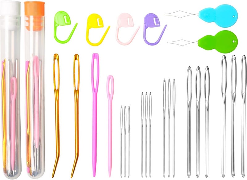 HEKISN 45Pcs Large Eye Blunt Yarn Needles kit, Assorted Sizes Bent Tapestry Darning Needle, Sewing Needles with Needle Threaders & Stitch Markers for Knitting Crochet (Orange&White) - Image 1